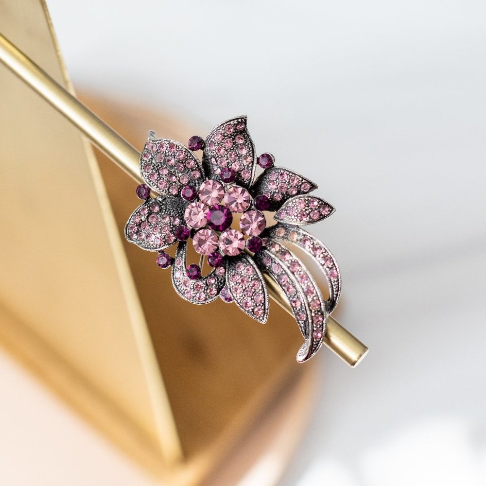 Silver and Purple Vintage Rhinestone Brooch